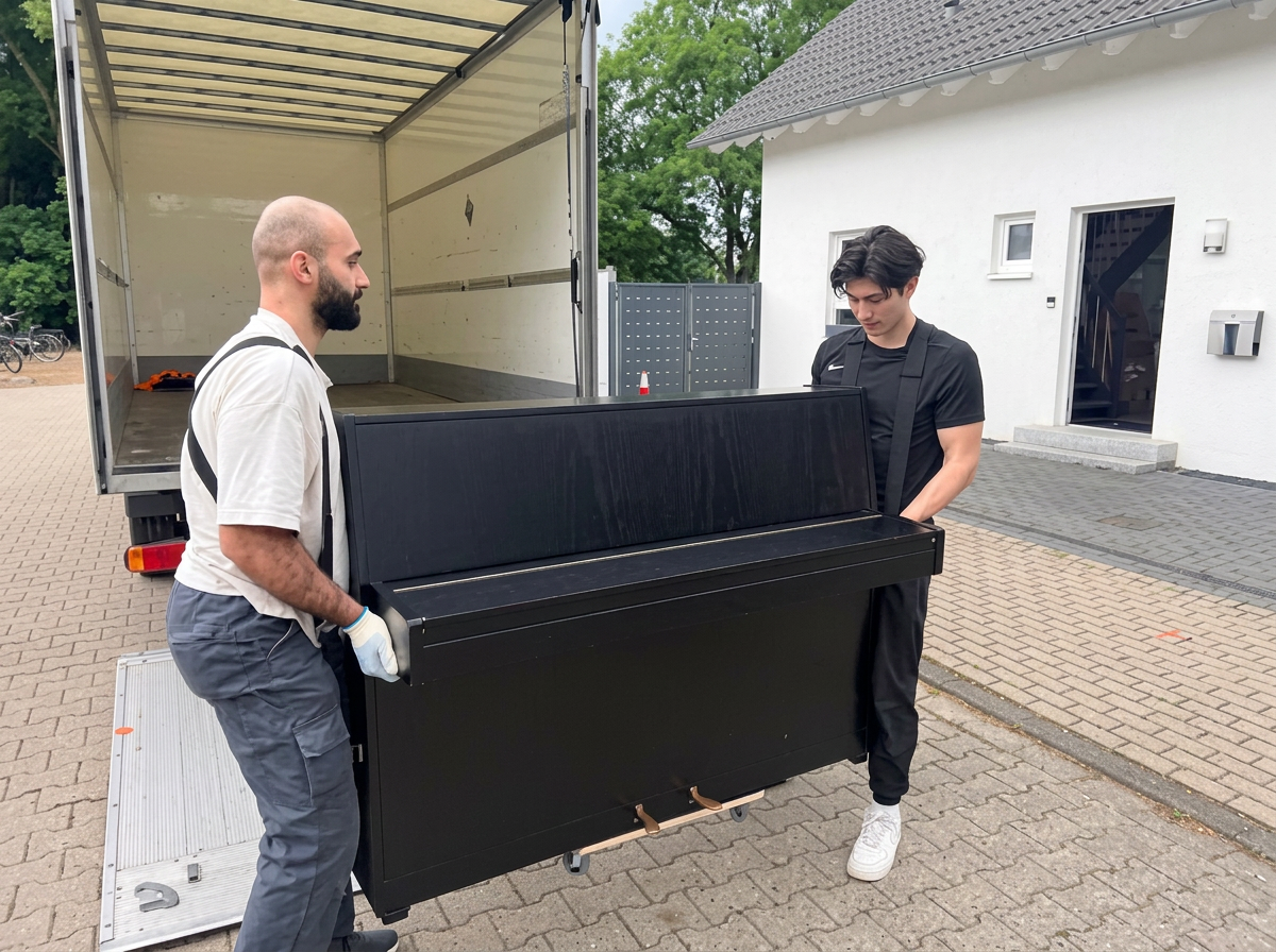 Zwei Mitarbeiter verladen ein Klavier beim Klaviertransport in Düsseldorf und Umgebung