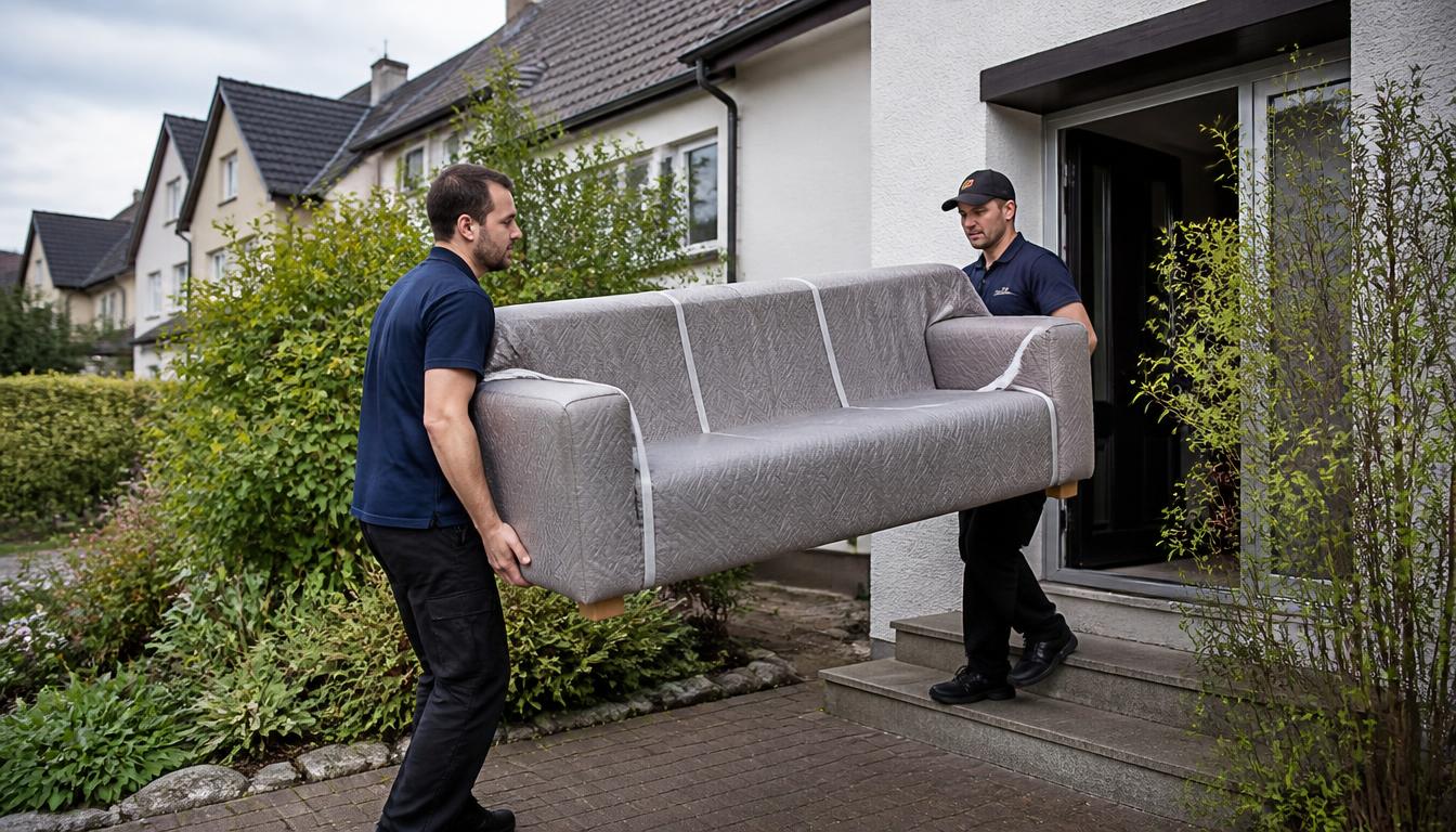 Umzugshelfer tragen eine gepolsterte Couch bei einem Umzug in Düsseldorf und Umgebung